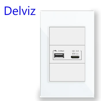 Порт быстрой зарядки Delviz 1A1C, Белая/Черная панель из Закаленного Хрусталя 120 мм * 72 мм, Бразильская стандартная Настенная розетка USB Type C мощностью 18 Вт