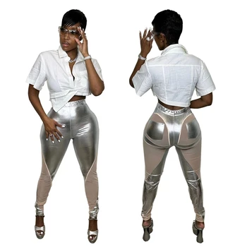 Прозрачные сетчатые брюки-карандаш в стиле пэчворк с металлической позолотой, женские сексуальные эластичные брюки-карандаш с высокой талией, одежда для ночного клуба
