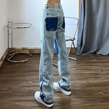 Прямые расклешенные джинсовые брюки в стиле пэчворк с буквенной вышивкой Harajuku Stars, мужские рваные повседневные джинсовые брюки в стиле ретро
