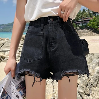 Рваные джинсовые шорты для женщин, летние джинсовые шорты с высокой талией, черные повседневные шорты Feminino