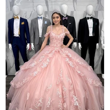 Розовое бальное платье, пышные платья с бантом, аппликации из бисера и цветов, тюлевое платье Sweet 15 16 XV для выпускного вечера