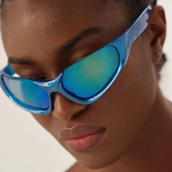 Роскошные брендовые солнцезащитные очки Mirror Blue с оберткой, женские очки для спортивной езды Y2K, Винтажные прямоугольные солнцезащитные очки унисекс в стиле панк
