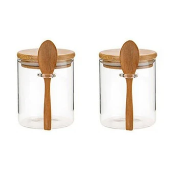 Сахарница из 2 предметов с бамбуковой крышкой и ложкой, прозрачная стеклянная банка для хранения на кухне
