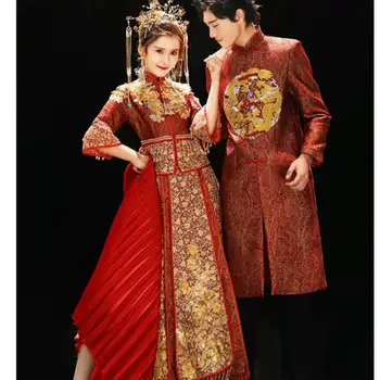 Свадебное платье для пары в китайском стиле, свадебный набор с вышивкой, изысканный Чонсам, винтажная одежда для тостов, Традиционный подарок для невесты