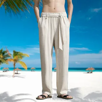 Свободные мужские хлопчатобумажные льняные брюки 2023 Мужские Летние Новые Дышащие Однотонные льняные брюки Уличная одежда для фитнеса