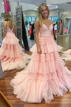 Сексуальные вечерние платья-спагетти из тюля с длинным V-образным вырезом, розовое платье трапециевидной формы с многоуровневым шлейфом, вечернее платье на молнии сзади для женщин