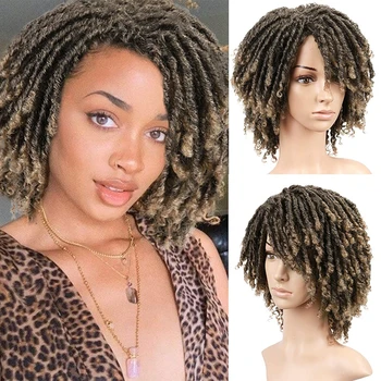 Синтетический парик с дредами, короткие вьющиеся плетеные парики с закруткой, омбре, черный/светло-коричневый, модные афро-синтетические парики для чернокожих женщин