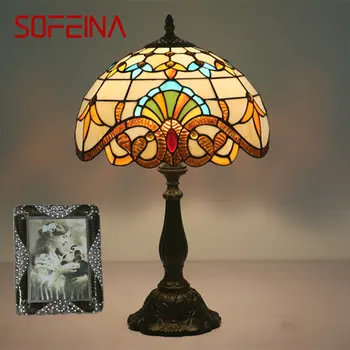 Современная настольная лампа SOFEINA от Тиффани, креативный светодиодный светильник из европейского витражного стекла в стиле ретро, декор для дома, гостиной, спальни