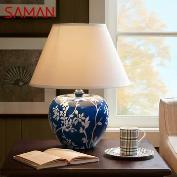 Современная синяя керамическая настольная лампа SAMAN, креативный винтажный светодиодный настольный светильник для декоративного дома, гостиной, спальни, прикроватной тумбочки.