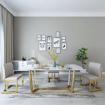 Сочетание обеденного стола и стула Nordic Light из роскошного мрамора, Прямоугольный стол из нержавеющей стали для дома