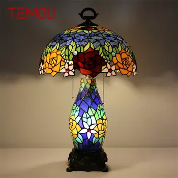 Стеклянная настольная лампа TEMOU Tiffany, Светодиодная Современная Креативная Настольная лампа с розами, Декор для дома, Гостиной, спальни, Прикроватной тумбочки