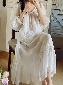 Тонкая прозрачная ночная рубашка французской феи с вышивкой принцессы из чистого хлопка, белые Летние ночные рубашки с викторианскими оборками, пижамы
