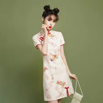 Традиционное Женское Летнее Сексуальное Мини-Чонсам В китайском Стиле Для молодых девушек, вечернее платье с Восточным Принтом и цветочным Принтом Qi Pao Vestidos