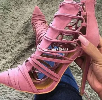 Туфли-лодочки с перекрестным вырезом на тонких ремешках, Женские элегантные туфли с острым носком, Розовые, красные, Белые, замшевые, на шпильке, на шнуровке, Вечерние туфли на высоком каблуке