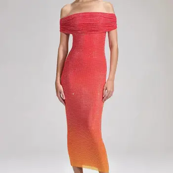 Тяжелое горячее сверление миди-платье 2023 новое женское сексуальное длинное платье с вырезом лодочкой
