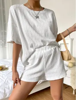 Удобная женская домашняя одежда Loung Wear С длинным рукавом и круглым вырезом, Свободные шорты с высокой талией, комплект из двух предметов, пижама, одежда для сна