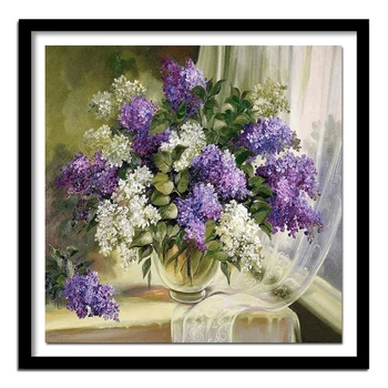 узор вышивка бисером фиолетовая и белая сиреневая цветочная ваза с полной 5d дрелью, алмазная живопись, украшение из горного хрусталя