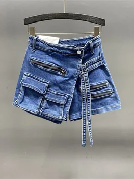 Уличная одежда Y2K, джинсовые шорты с несколькими карманами, женские летние Модные асимметричные джинсовые шорты-карго с высокой талией, юбки Женские