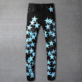 Уличные мужские Мотоциклетные брюки с Нашивкой Blue Star Pattern Pantalon Homme, Модные Мужские Джинсы в стиле Панк, Длинные Брюки в стиле Хип-хоп
