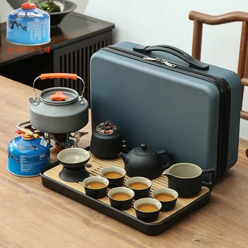 Уличный чайный набор, портативная сумка, автомобиль Кунг-фу, путешествия на открытом воздухе, кемпинг, Чайный поднос, чайник, плита для кипячения чая