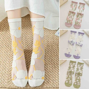 Ультратонкие Прозрачные Шелковые носки с кристаллами, Новые Цветочные Милые Японские Летние носки, женские эластичные носки кремового цвета средней длины