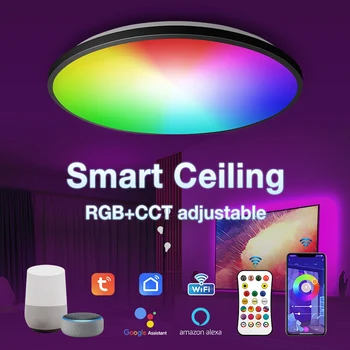 Умный потолочный светильник Tuya Wifi RGB + C + W, светодиодный потолочный светильник для комнаты, поддержка голосового дистанционного управления, Умный дом с Alexa Google Home