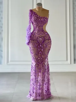 Фиолетовые вечерние платья Русалки с длинным рукавом Бато, расшитые блестками, 3D Кружева, полые бриллианты, сексуальные платья для выпускного вечера на молнии, сшитые на заказ
