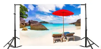 Фон для фотосъемки Пляжный шезлонг на берегу моря Красный пляжный зонтик Скала Камни Дерево Голубое небо Белое облако Природа