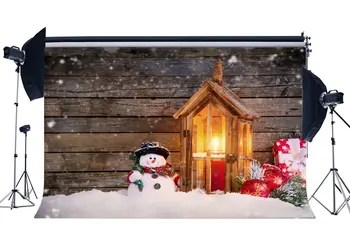 Фон для фотосъемки Рождественские Подарки Шары Снеговик Фонарь Тяжелый снег Дерево Зимние рождественские фоны