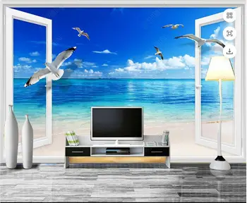 фото обоев 3d настенная роспись на заказ Окно Пляж Пейзаж Чайки фон гостиная домашний декор обои для стен 3d спальня