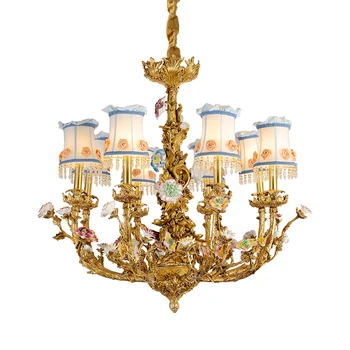 Французская полностью бронзовая роскошная керамическая люстра в виде цветка DINGFAN, высококачественная классическая люстра для зала дворцовой виллы