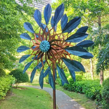 Художественное украшение сада из железа, ветряные прядильни с двусторонней вращающейся вставкой на 360 °, старинная ветряная мельница с синими листьями