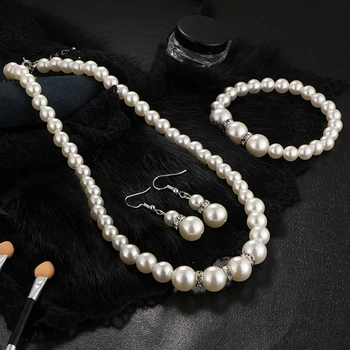 Элегантное белое ожерелье из искусственного жемчуга, серьги и браслет, комплект ювелирных изделий для женщин