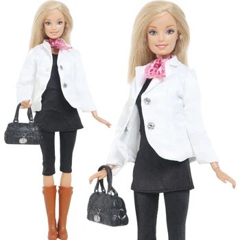 Элегантный кукольный наряд Куртка, пальто, черный жилет, комбинезон, классные ботинки, шарф, сумка, повседневная одежда для куклы Барби, Аксессуары, детские игрушки