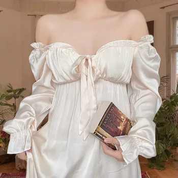 Юбка для сна в стиле Придворной дамы с длинным рукавом, Милое Элегантное платье-пижама с бантиком на шее и открытыми плечами