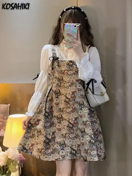 Японский халат Kawaii Harajuku, модное платье с принтом Медведя, женские поддельные платья-рубашки в стиле пэчворк из двух частей, Корейская мода, Милое платье